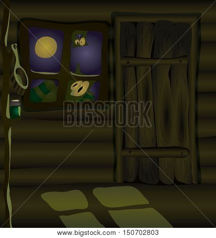This terrible hut must be owned by a witch. on a wooden shelf is a potion. Moonlight falls through the window. And someone is looking at you.