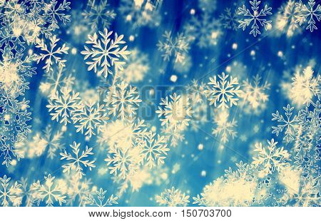 Merry christmas and happy new year background blue ice snowflakes vintage