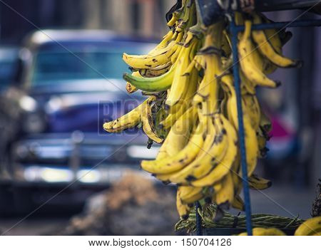 Ripe plaintains on display at a street vegetable and fruit vendor stall in Havana, Cuba