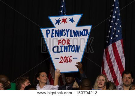 Harrisburg PA USA - October 4 2016: Pennsylvania for Clinton 2016 sign at the rally for Presidential candidate Hillary Clinton.