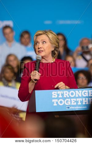 Harrisburg PA USA - October 4 2016: Presidential candidate Hillary Clinton speaking to supporters at Zembo Shrine urging them to register to vote.