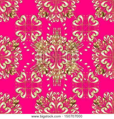 Seamless background with pink gradient and golden grid with shadows. Vector illustration.