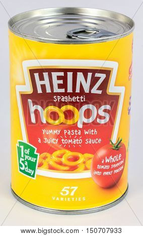 CHESTER UNITED KINGDOM - October 2nd 2016: A tin of Heinz Spaghetti Hoops. Heinz Company sell their food products in over 200 countries worldwide.