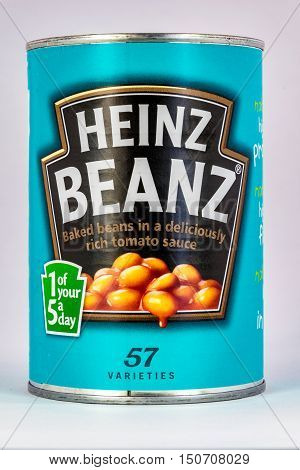 CHESTER UNITED KINGDOM - October 2nd 2016: A tin of Heinz Baked Beanz. Heinz Company sell their food products in over 200 countries worldwide.