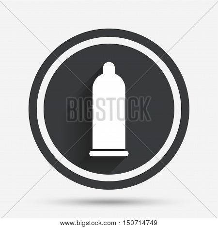 Condom safe sex sign icon. Safe love symbol. Circle flat button with shadow and border. Vector