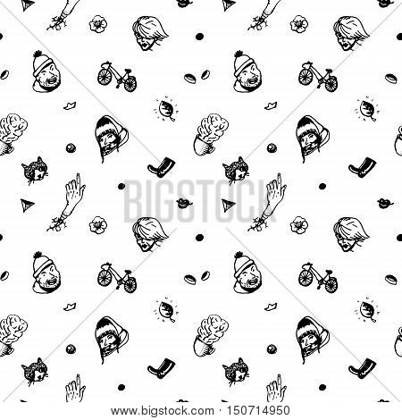 Hipster ink seamless pattern. With different things and people heads. Vintage and retro style. Black and white.