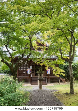 Kyoto Japan - September 15 2016: At the Shinnyo-do Buddhist Temple several stand-alone smaller buildings in the green garden offer space to meditate pray or meet.