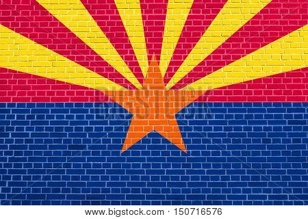 Arizonian official flag symbol. American patriotic element. USA banner. United States of America background. Flag of the US state of Arizona on brick wall texture background, 3d illustration