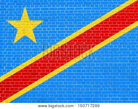 DR Congo national official flag. African patriotic symbol banner element background. Flag of Democratic Republic of the Congo on brick wall texture background, 3d illustration