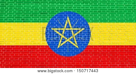 Ethiopian national official flag. African patriotic symbol banner element background. Flag of Ethiopia on brick wall texture background, 3d illustration