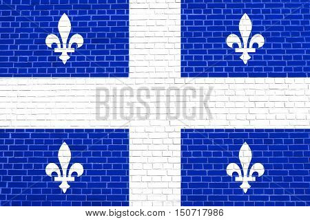 Canadian provincial flag QC patriotic element and official symbol. Canada Quebec banner and background. Flag of the Canadian province of Quebec on brick wall texture background, 3d illustration