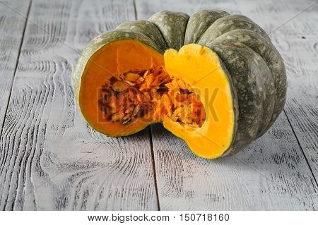 Green pumpkin sliced on the white background