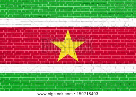 Surinamese national official flag. Patriotic symbol banner element background. Flag of Suriname on brick wall texture background, 3d illustration