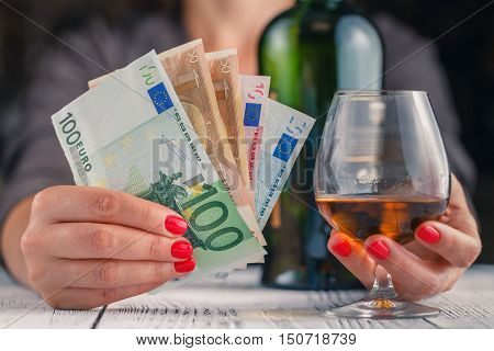 Alcoholism Issue. Female Take Wine Glass On Dark Toned Table