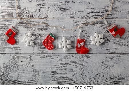 Christmass Decoratio On Grungy Textured Weathered White Wood