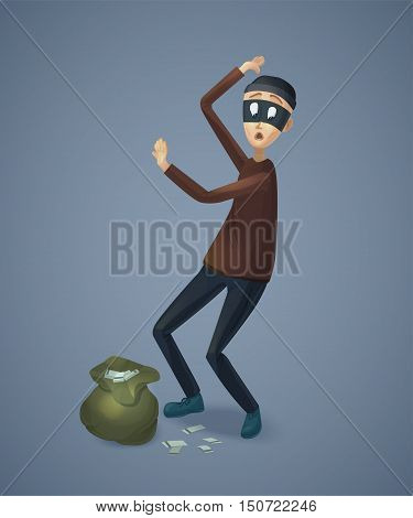 Robber captured with stolen money. Burglar with bag gives up. Thief cartoon character