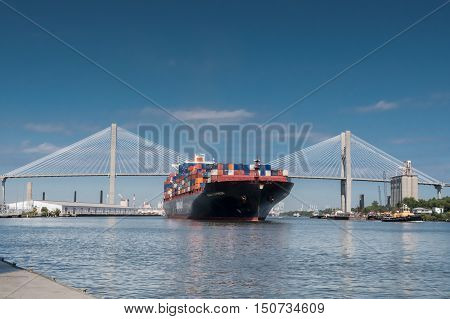 Talmadge Memorial Bridge And Container Ship In Savannah