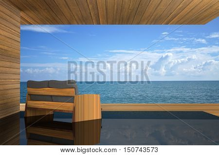 3D rendering : illustration of modern wooden sofa interior decoration at balcony outdoor wooden room style with Sundeck on Sea view for vacation and summer / 3d render outdoor living