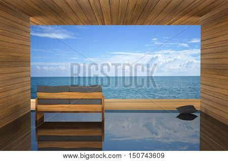 3D rendering : illustration of modern wooden sofa interior decoration at balcony outdoor wooden room style with Sundeck on Sea view for vacation and summer / 3d render outdoor living