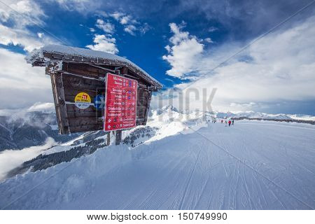 Kitzbuehel, Austria - February 17, 2016 - Skiers Skiing In Kitzbuehel Ski Resort With 54 Cable Cars