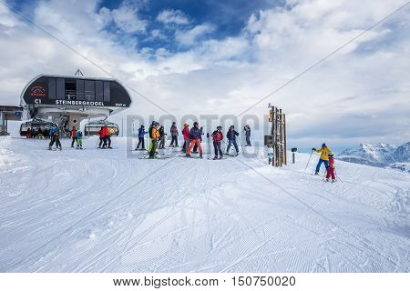 Kitzbuehel, Austria - February 17, 2016 - Skiers Skiing In Kitzbuehel Ski Resort On The Top Of Stein
