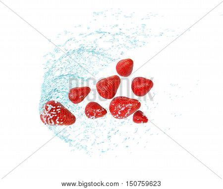 Strawberry in water splash isolated on white background. 3D illustration