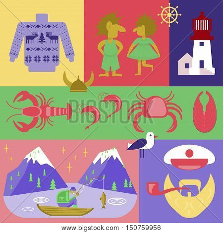 Flyer Explore the world. Welcome to norway icon set. Vector Scandinavian traditional symbols collection.