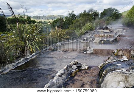 Landscape of hot water spring pools in Rotorua north island New Zealand.