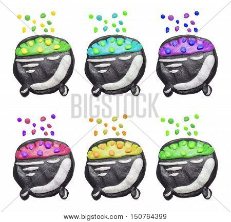 A set of colorful cartoon clay pots with magical potion.