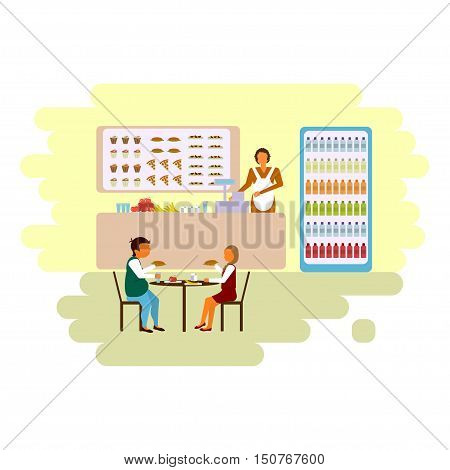 Illustration of school dining-hall with students children boy and girl. Pair of pupils in modern flat design Isolated on white background. Vector eps10