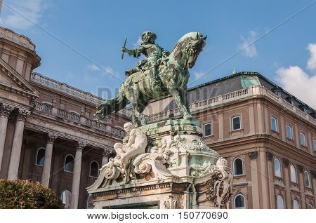Equestrian statue of Prince Savoyai Eugen in front of the historic Royal Palace in Buda Castle. Budapest Hungary.