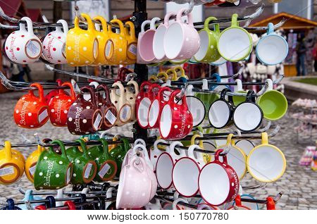 BUDAPEST HUNGARY - FEBRUARY 20 2016: Cups display in a souvenir shop in Budapest Hungary