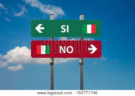 two road signs and italian referendum SI (yes) and NO (no)