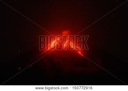 Night view of eruption Klyuchevskoy Volcano current lava flows on of volcano. Eurasia Russian Far East Kamchatka Peninsula Klyuchevskaya Group of Volcanoes.