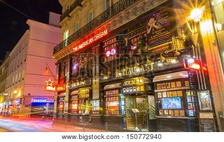 Paris France-October 06 2016: The American Dream is a famous restaurant and entertainment venue in Paris at 21 rue Daunou near National Opera house.