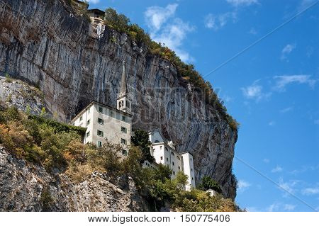 Madonna della Corona the Sanctuary of Our Lady of the crown built on the rock overhanging the Adige Valley. Spiazzi Verona Veneto Italy