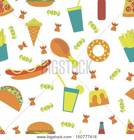 Seamless pattern fast food menu icons pizza french fries hamburger hot dog fried chicken ice cream cone desserts soda cake tacos cocktail candy. Junk food illustration Isolated. Vector eps10