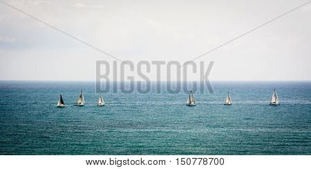 A group of yachts sailing by sea on a foggy day