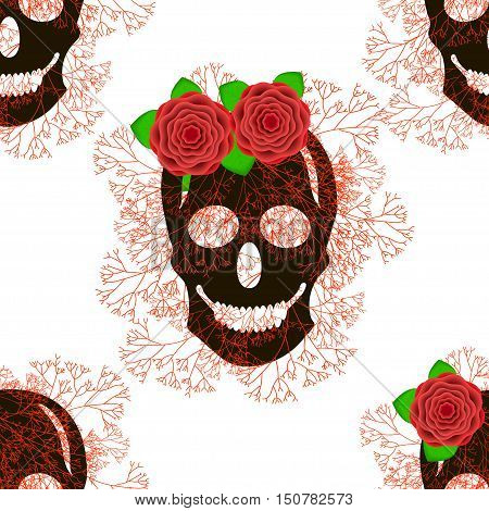 Seamless pattern with black skulls red flowers branches and butterflies. Halloween background