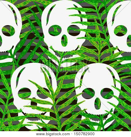 Skulls seamless pattern with green leaves. Halloween background