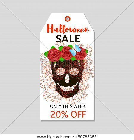 Halloween tag with black skull and flowers. Sale.