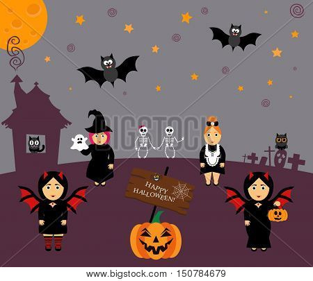 Vector set characters for Halloween in cartoon modern style.Girl, ghost, cat, owl, broom, moon, bat and other traditional elements of Halloween.