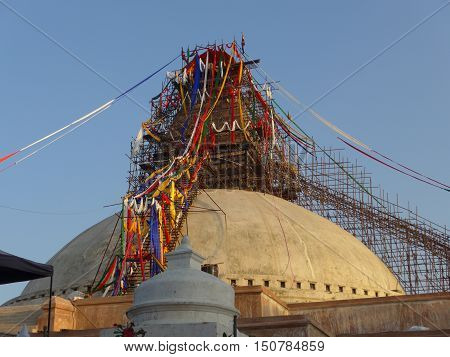 Roofs of Kathmandu, Boudanath stupa during reconstruction after the earthquake