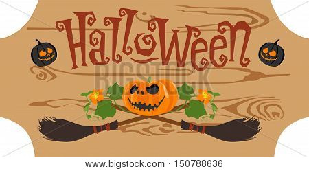 Pumpkin background broom with a sign on a wooden halloween boards. Vintage Halloween poster design set. This useful to cards, poster, invitations.