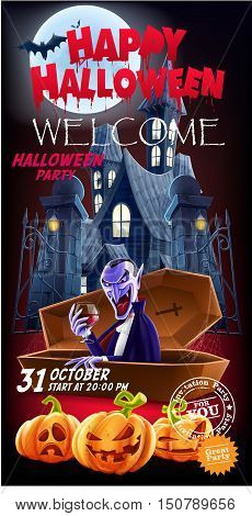 Halloween. Invitation flyer for a party. The entrance to the castle and count Dracula in the foreground. Vector illustration