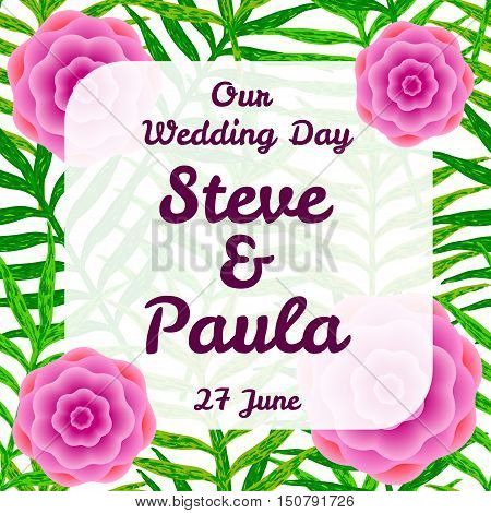 Wedding card with creative pink flowers and seamless pattern from green leaves