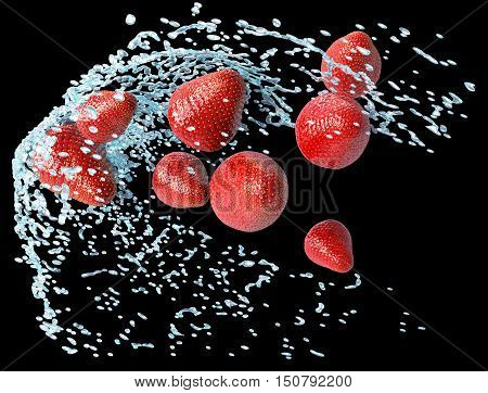 Strawberry in water splash isolated on white background. Fresh flying strawberries. 3D illustration