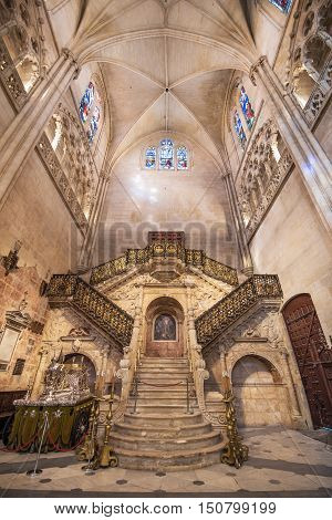 BURGOS SPAIN - SEPTEMBER 4: Interior of Famous Landmark gothic cathedral on a sunny day on September 4 2016 in Burgos Spain.