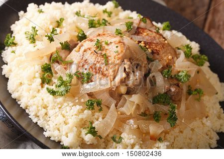 Traditional African Food: Poulet Yassa With Onion And Couscous Macro. Horizontal