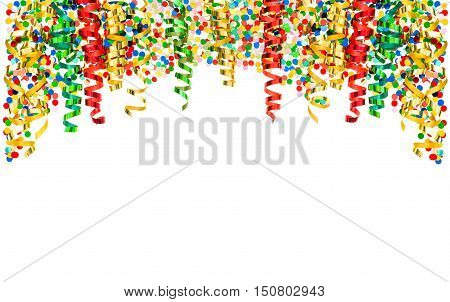 Colorful streamer and confetti on white background. Holidays border with carnival party serpentine decoration